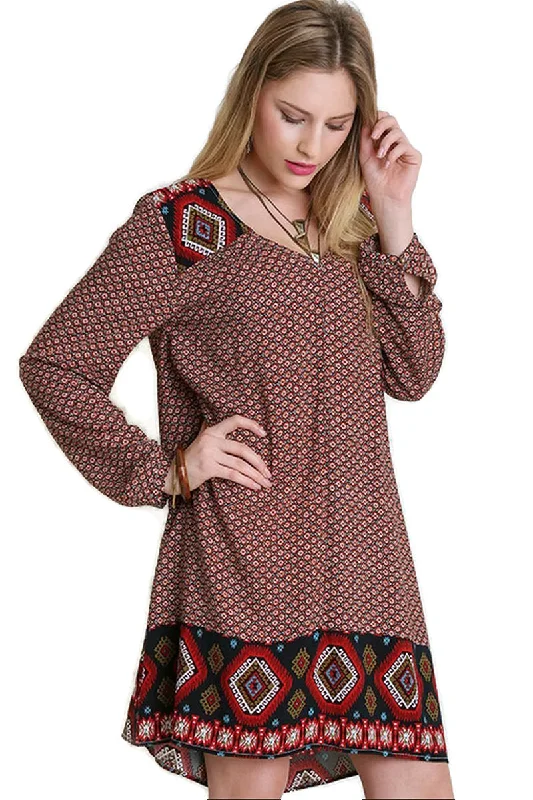 Border Print Peasant Dress, Chocolate