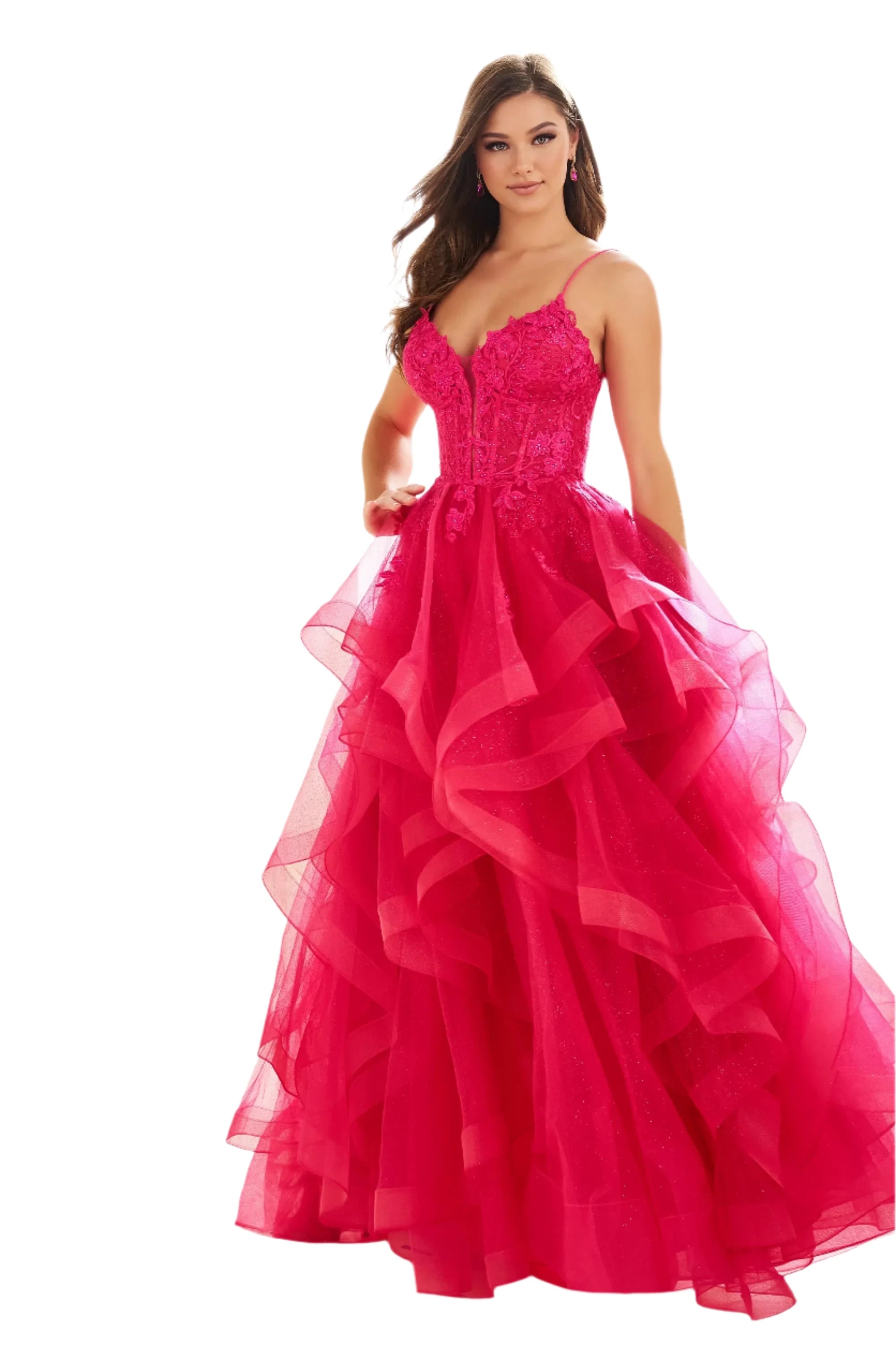 Ellie Wilde EW36203 Size 0 Fuchsia Ruffle A Line Sheer Lace Corset Prom Dress Formal evening Gown Shimmer