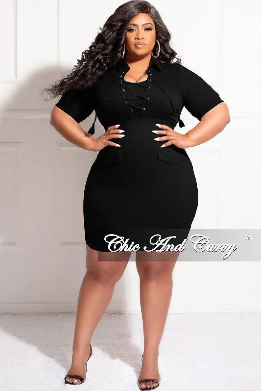 Final Sale Plus Size Lace Up Cargo Pocket Dress in Black