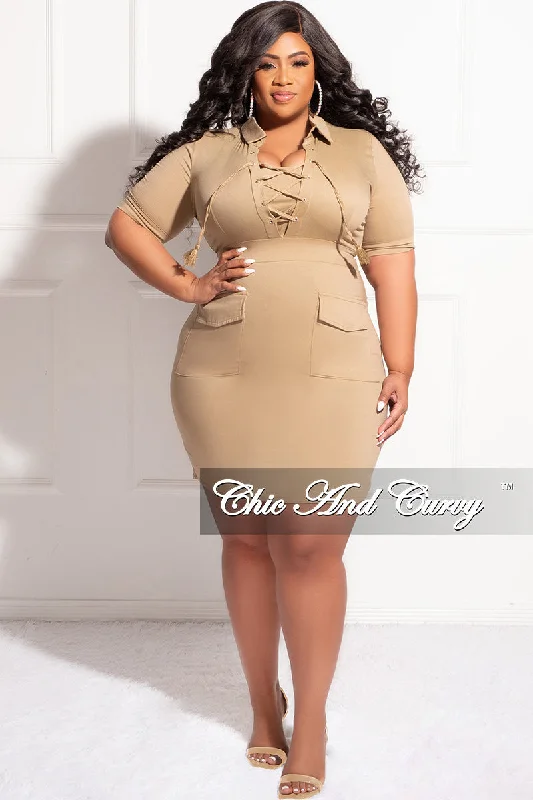 Final Sale Plus Size Lace Up Cargo Pocket Dress in Olive