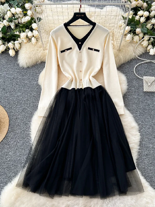 Flowing Tulle Buttoned Cardigan Skirt Dress