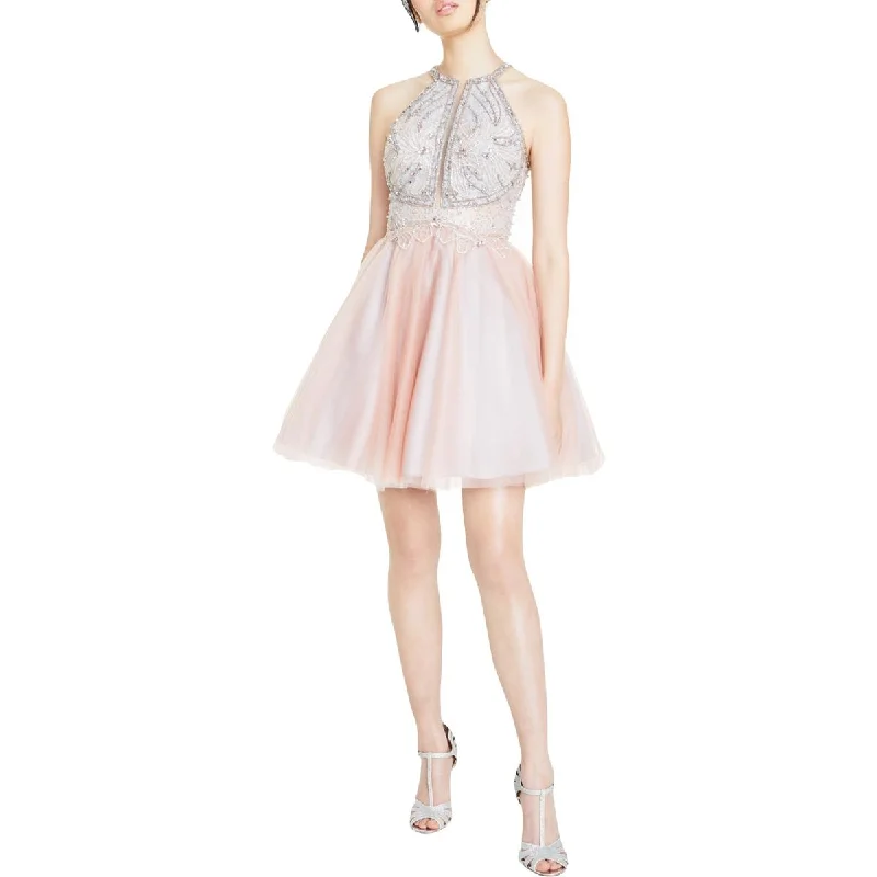 Glamour by Terani Couture Womens Juniors Embellished Short Halter Dress