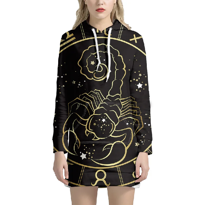 Gold And Black Scorpio Sign Print Pullover Hoodie Dress
