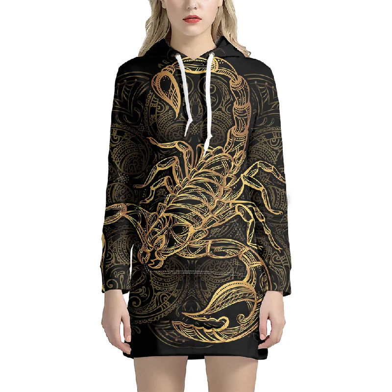 Gold Scorpio Print Pullover Hoodie Dress