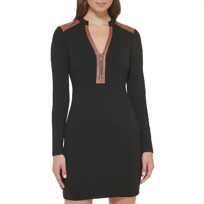 Guess Womens Ponte Faux Leather Trim Sheath Dress