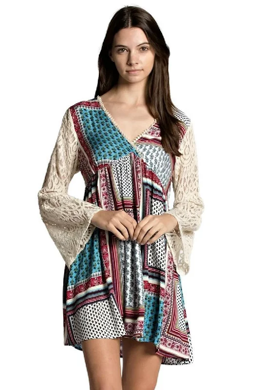 Hanky Border Print Lace Dress , Red Mix