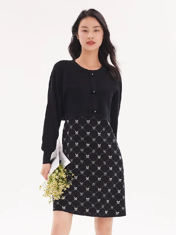 Bowknot Round Neck Jacquard Two-piece Dress