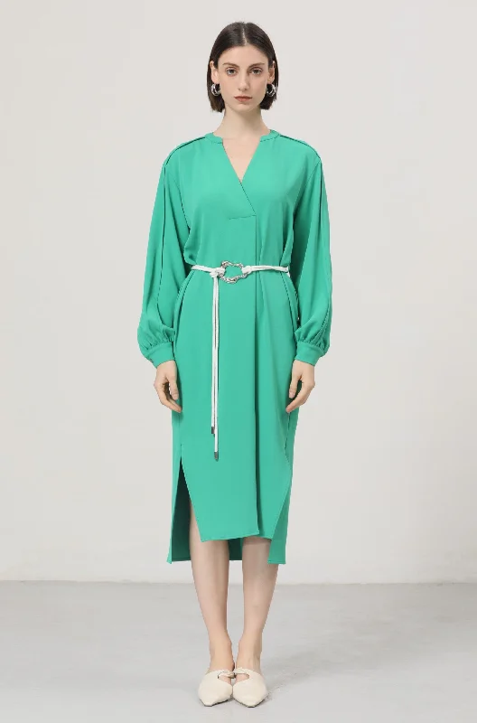LINDONG | Lillou Green V-Neck Belted Dress