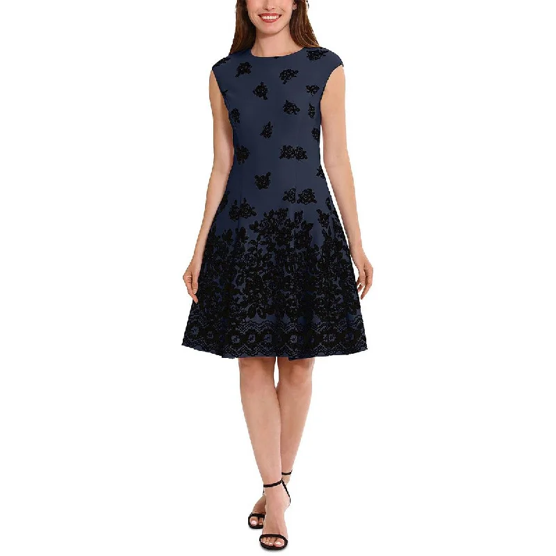 London Times Womens Petites Flocked Scuba Fit & Flare Dress