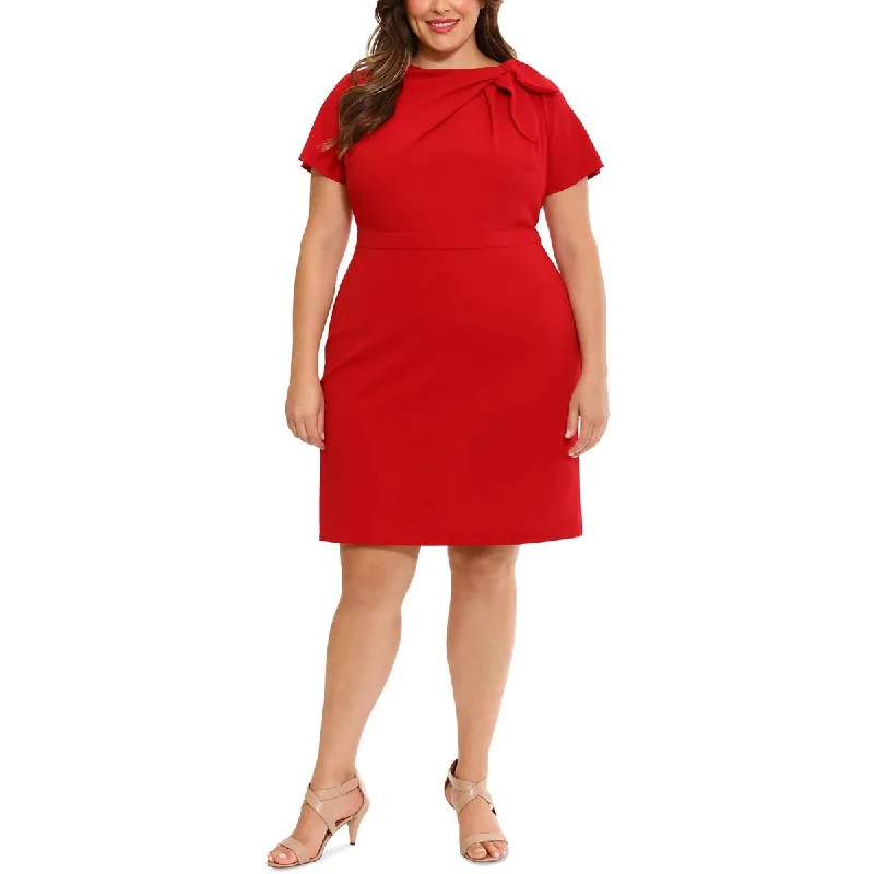 London Times Womens Plus Tie Neck Knee-Length Wear To Work Dress