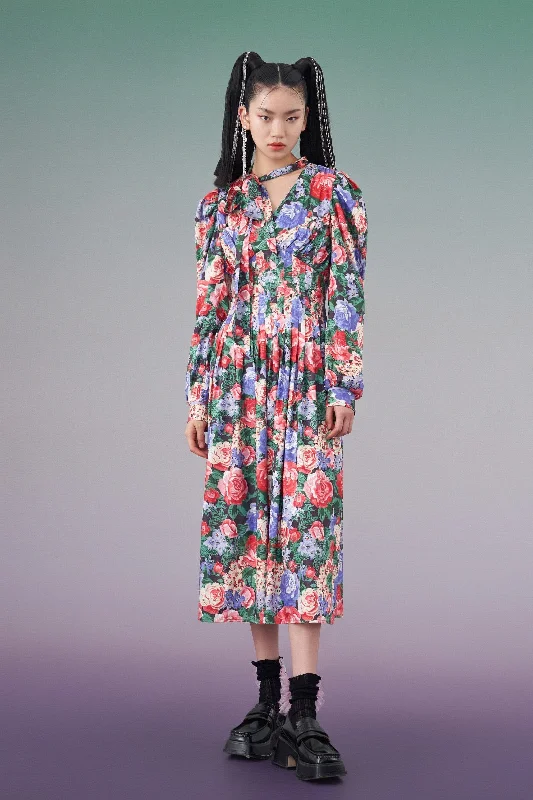 Mukzin | V-neck Streamer Flower Dress - Seeking Fairyland