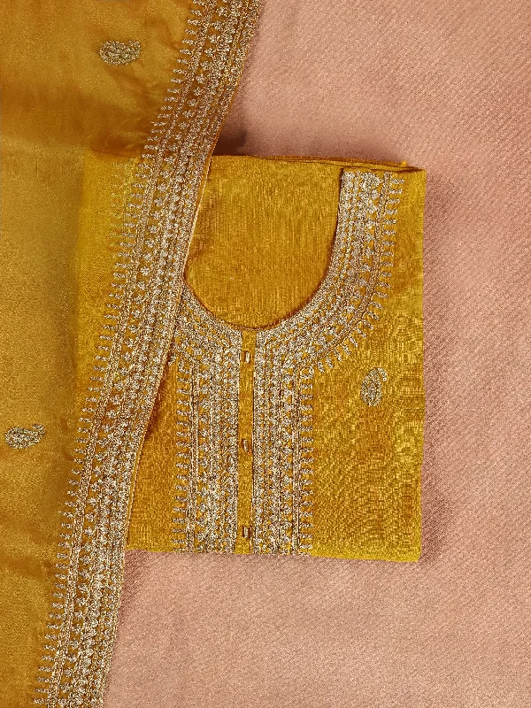Mustard Embroidered Cotton Blend Dress Material With Dupatta