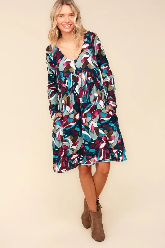 NAVY BABYDOLL EMPIRE WAIST ABSTRACT PRINT DRESS