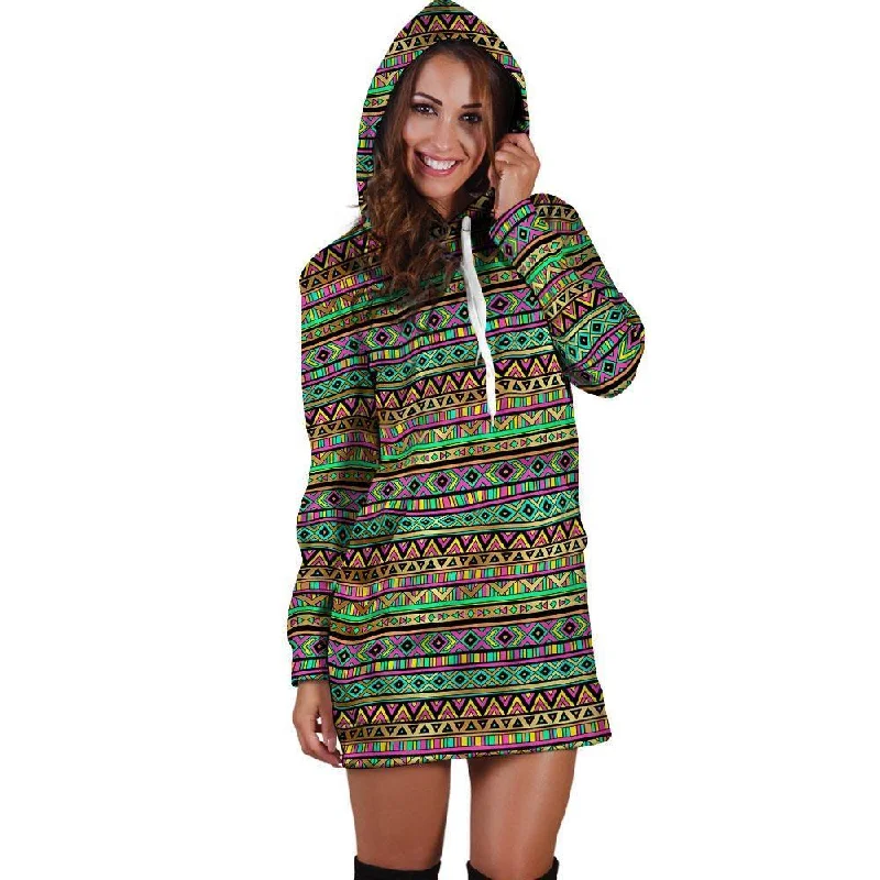 Neon Multicolor Ethic Aztec Aztec Grunge Geometric Print Hoodie Dress