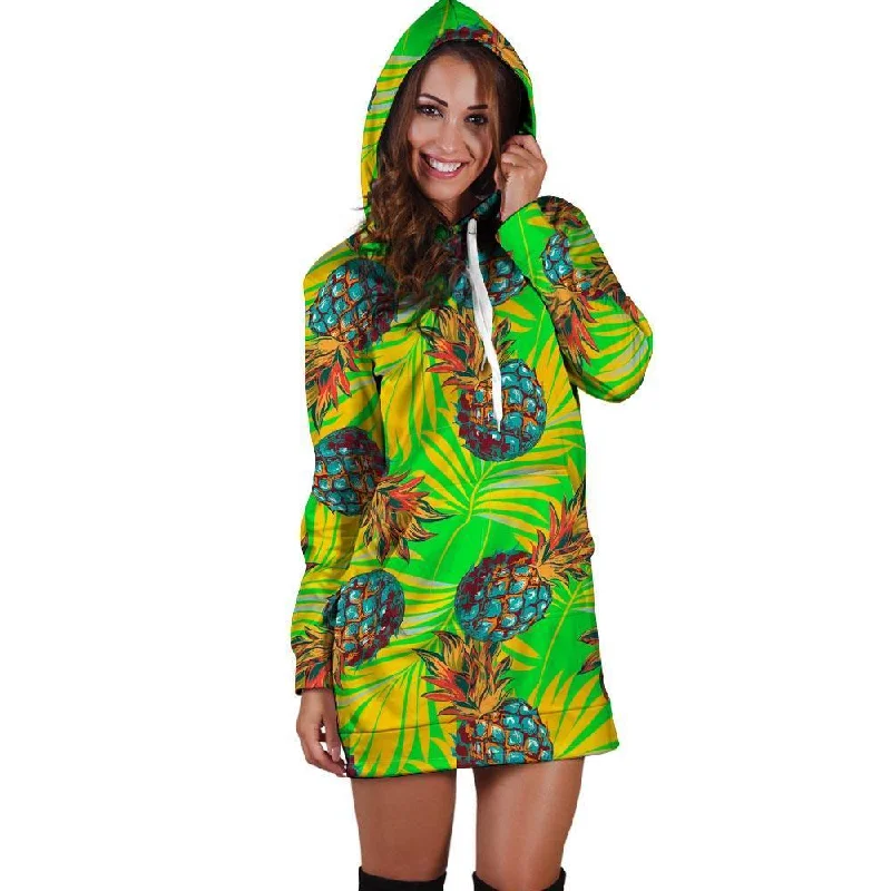 Neon Pineapple Hawaiian Print Hoodie Dress