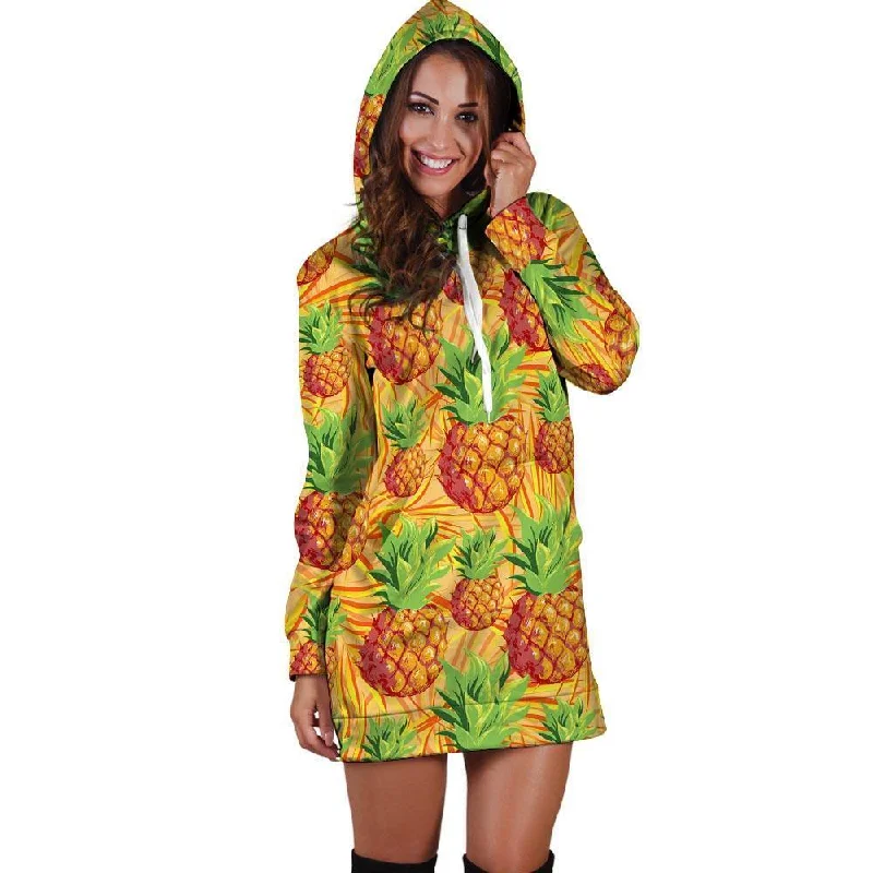 Neon Yellow Pineapple Hawaiian Print Hoodie Dress
