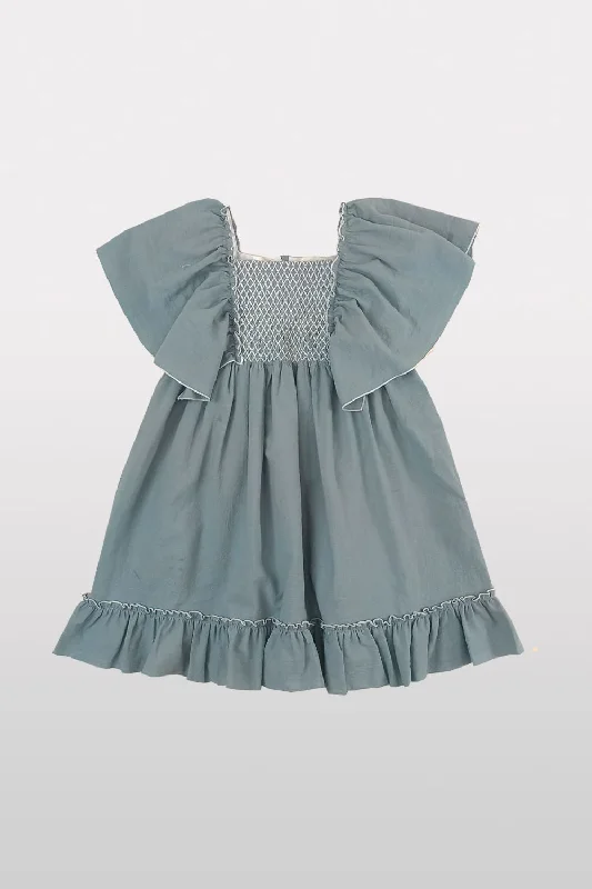 NUECES DUSTY BLUE MORAIRA SMOCKED DRESS
