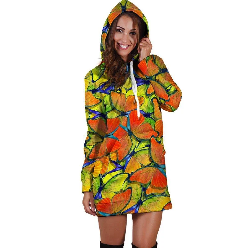 Orange And Blue Butterfly Print Hoodie Dress