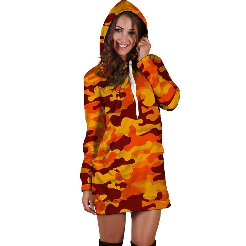 Orange Camo Print Hoodie Dress