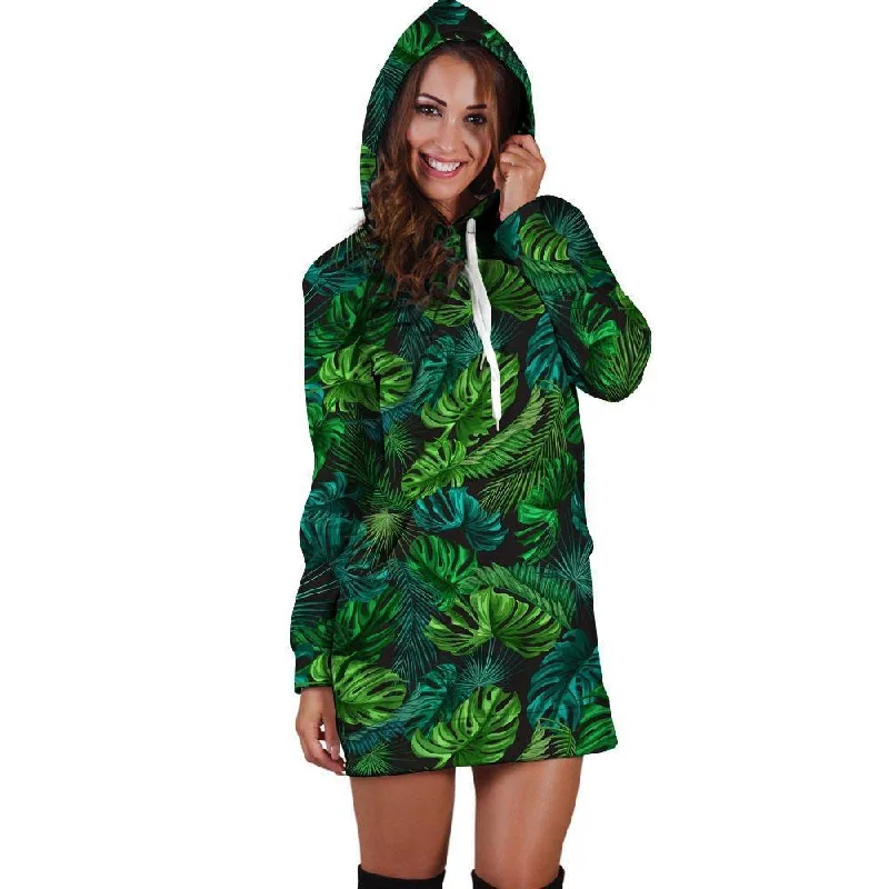 Palm Leaf Tropical Print Hoodie Dress