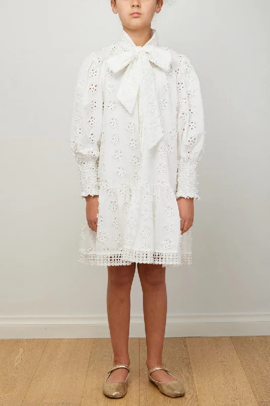 PETITE AMALIE WHITE DAISY EMBROIDERED BOW DRESS
