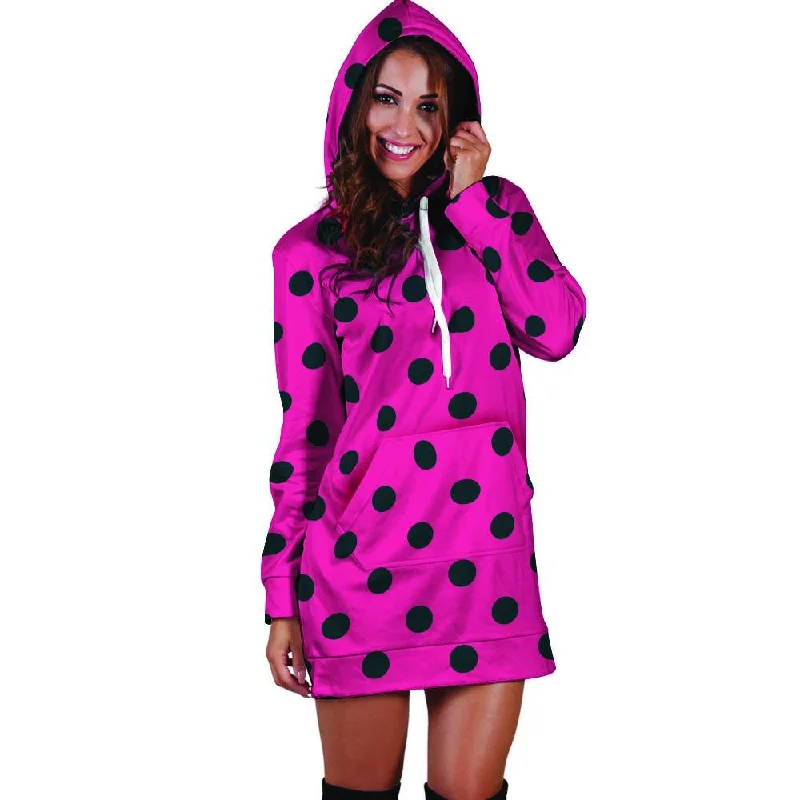 Pink And Black Polka Dot Hoodie Dress