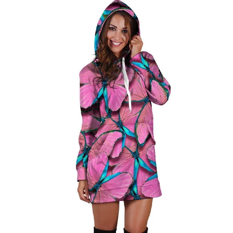 Pink And Blue Butterfly Print Hoodie Dress