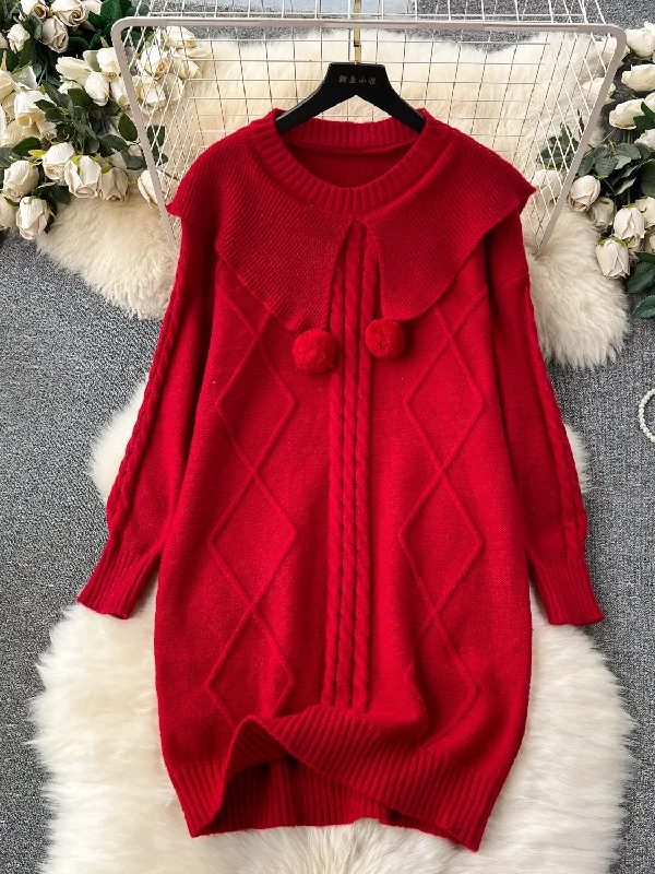 Playful Pom-Poms Red Cable Knit Dress
