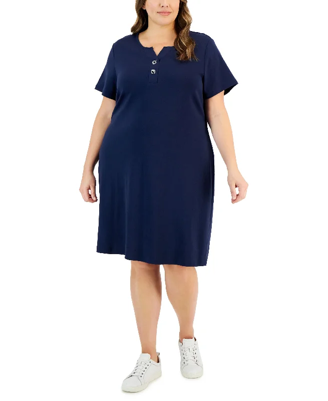 Plus Size Toggle-Neck Short-Sleeve Henley Dress