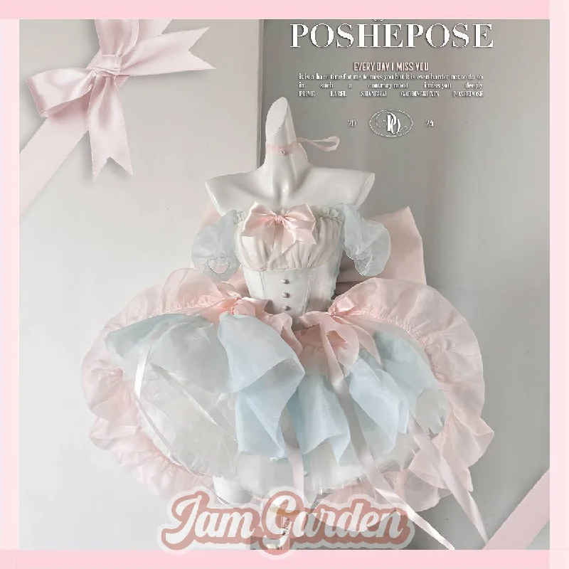 POSHEPOSE pink blue princess style new bow dress suit