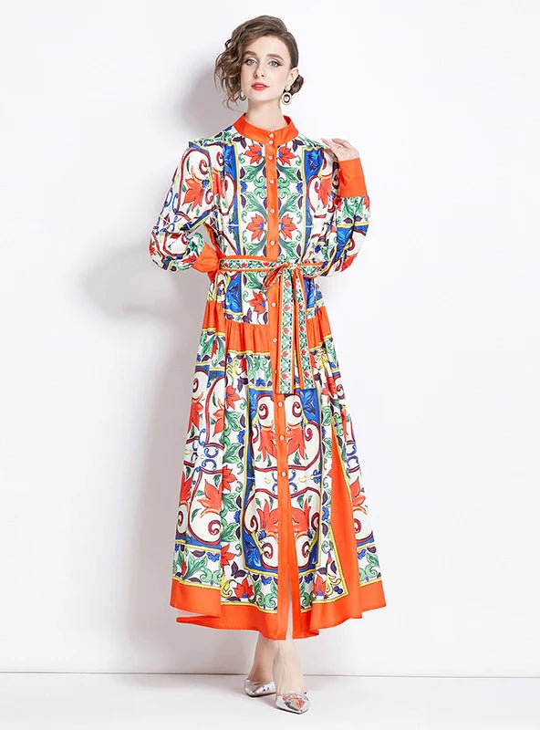 RETRO STAND-UP COLLAR SINGLE-BREASTED PRINTED DRESS