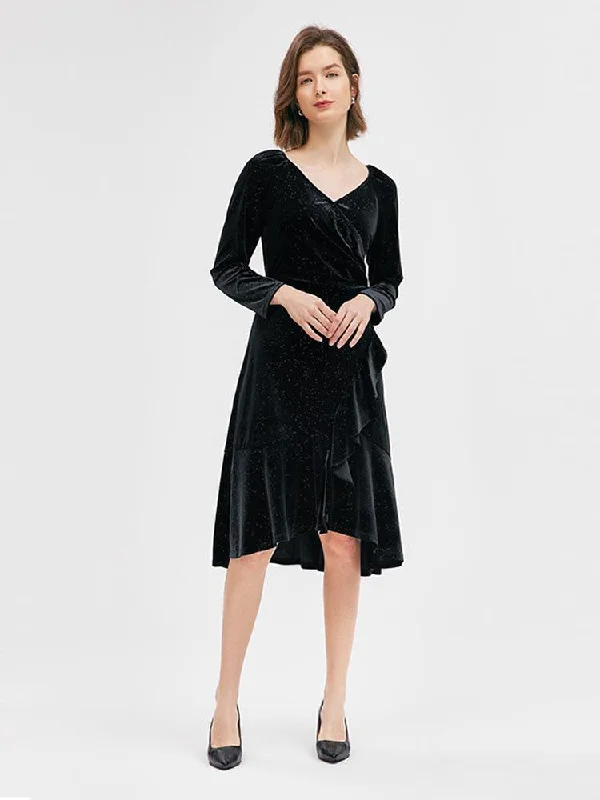 Black V-Neck Ruffled Velvet Dress