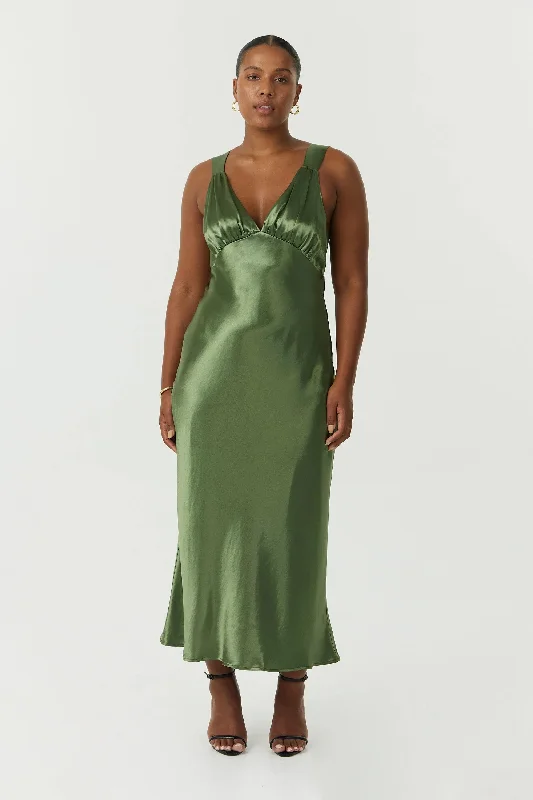 Satin Gather Bra Bias Slip Dress | Olive