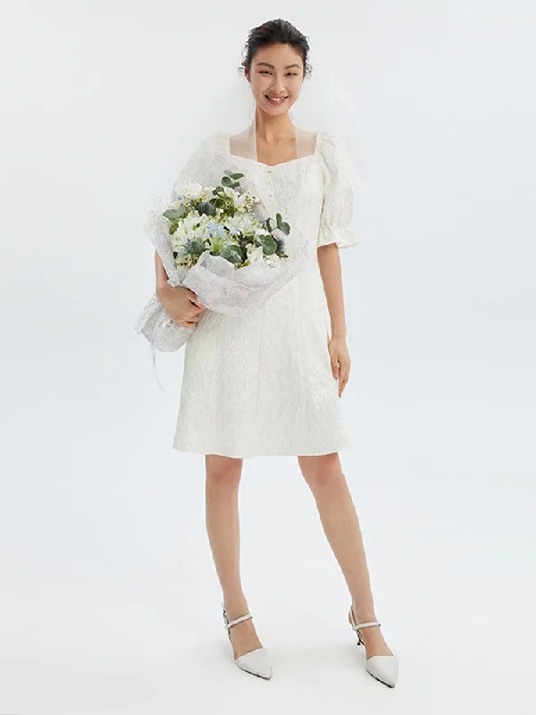Ruffle Sleeve Square Neck Jacquard Dress