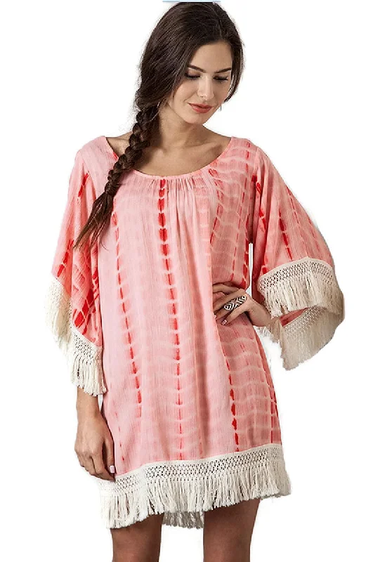 Tie Dye Tassel & Fringe Dress, Coral