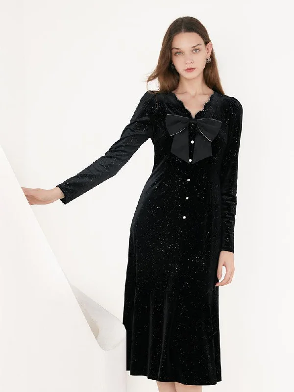 V-Neck Detachable Bowknot Velvet Dress