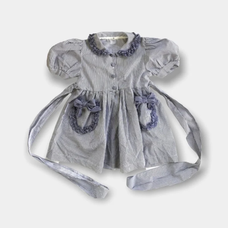 Vintage Navy & White Girls Striped Bow Dress 2T