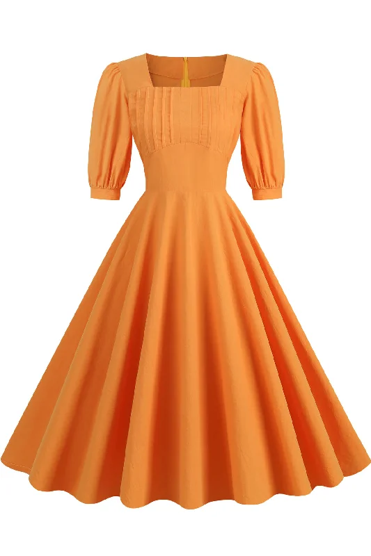 Vintage Orange Square Neck Puff Sleeves A-line Dress