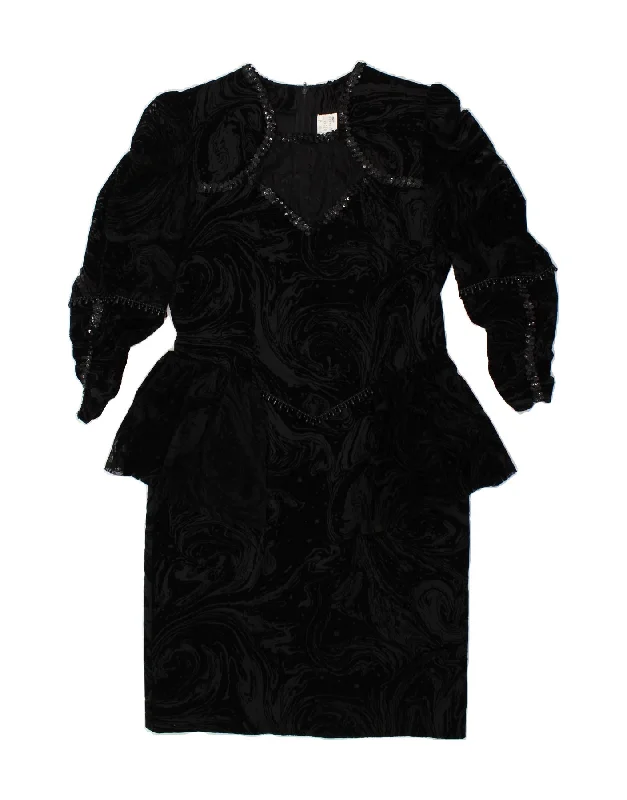 VINTAGE Womens Abstract Pattern 3/4 Sleeve Peplum Dress UK 16 Large Black
