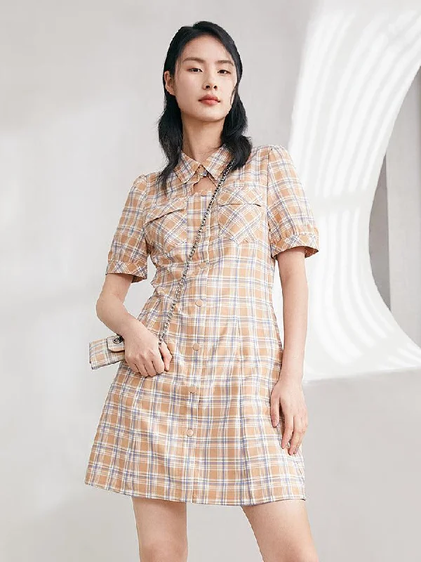 Knee-Length Waisted Plaid Dress（With Chain Bag）