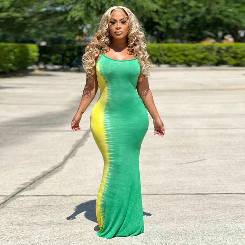 Women Clothing Summer Tie-Dye Lace-up Tight Plus Size Dress Plus Size