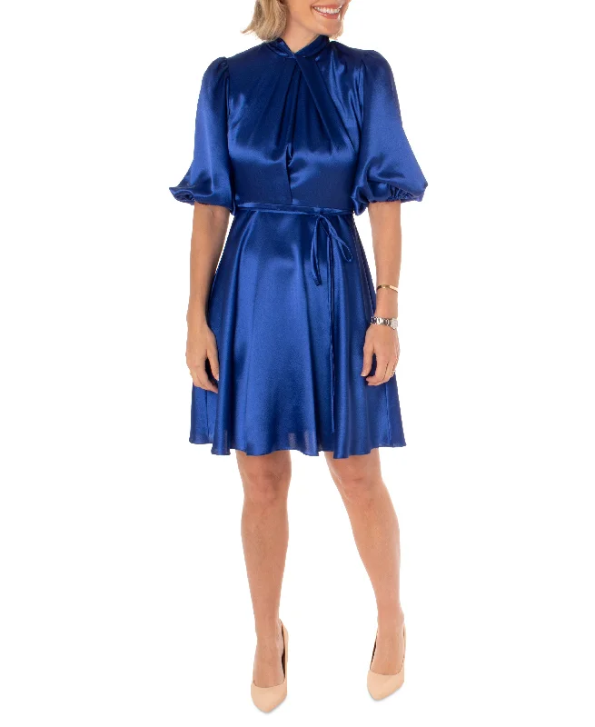 Women's Puff-Sleeve Satin A-Line Dress