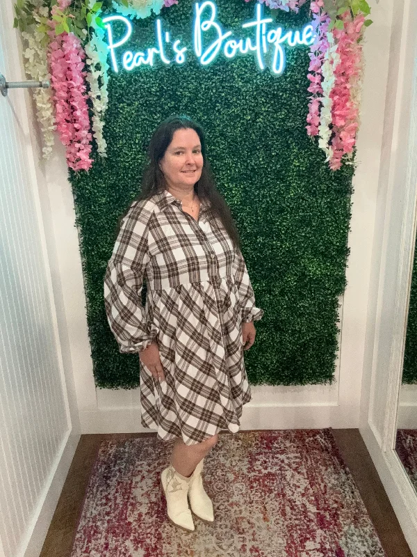 Chestnut Dreams Plaid  Shirt Mini Dress Cozy Ruched Mini Dress