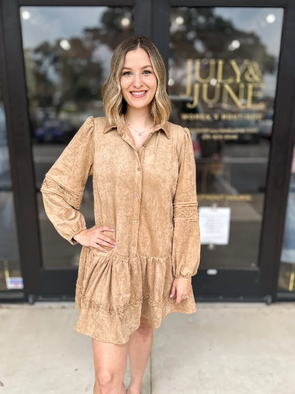 Collared Suede Mini Dress - Tan Elegant Satin Lace Mini Dress