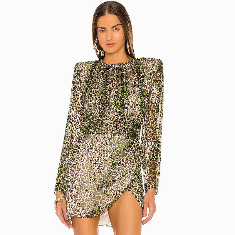 Animal Print Shoulder Pad Long Sleeve Cocktail Mini Dress - Leopard Fashionable Denim Mini Dress