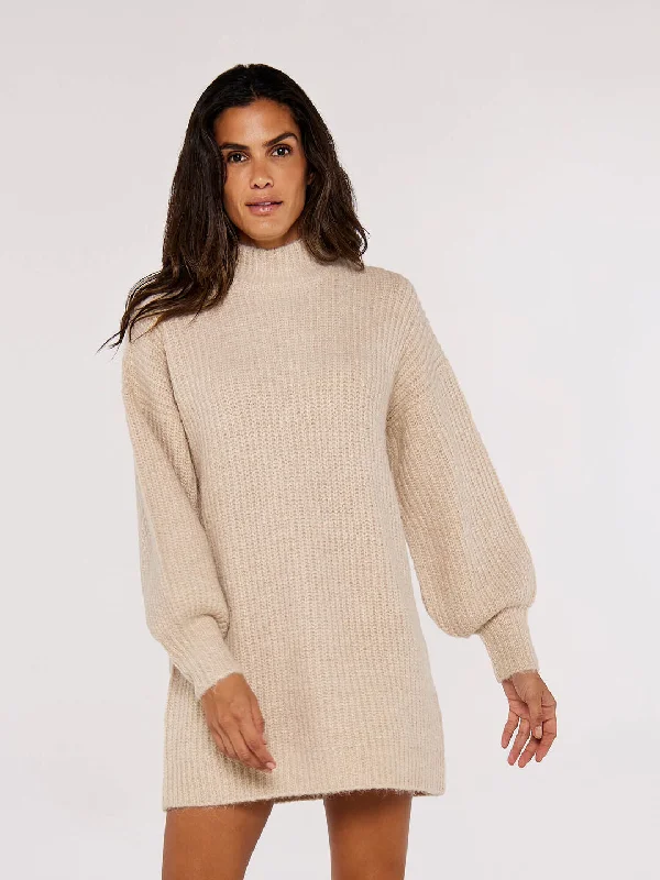 Apricot Ribbed Knit Jumper Mini Dress Comfortable Zip-Up Mini Dress