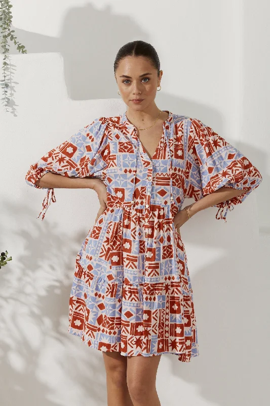 Ariadne Rust Abstract Button Down Mini Dress Comfortable Boho Mini Dress
