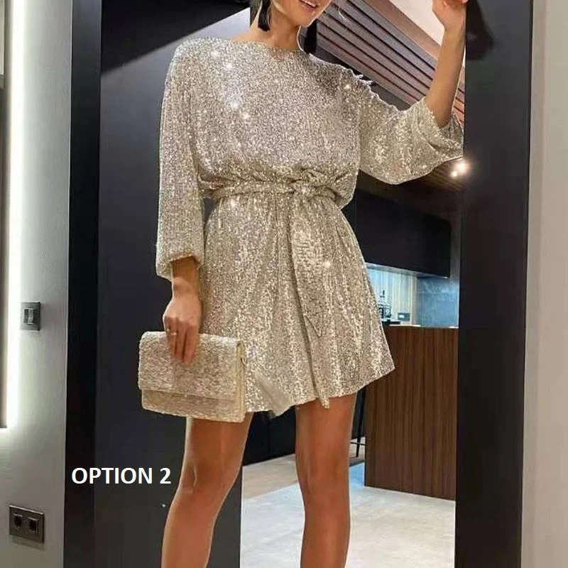 Autumn Winter Elegant Solid Sequin Casual Long Sleeve A-Line Shiny Loose Mini Dress CODE: KAR1797 Classic Striped Mini Dress