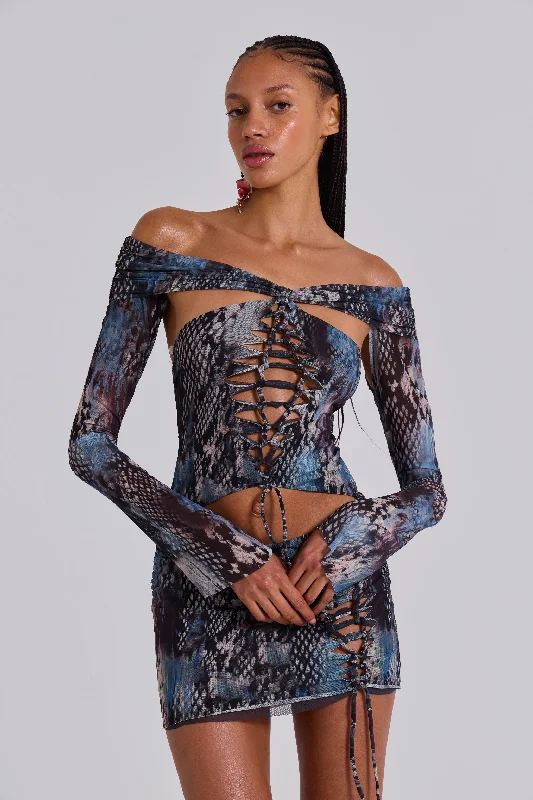 Bianca Macrame Mesh Mini Dress Cozy Cowl Neck Mini Dress