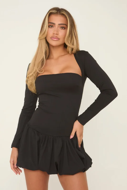 Black Square Neck Long Sleeves Puffball Mini Dress - Glenda Comfortable Linen Mini Dress